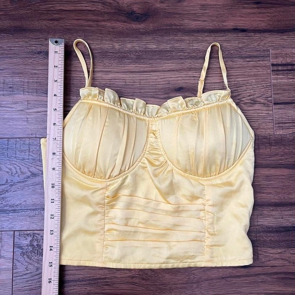 Y2K Yellow Satin Corset Crop Top Ruched Padded Cups Women M Coquette Going Out - Picture 3 of 6